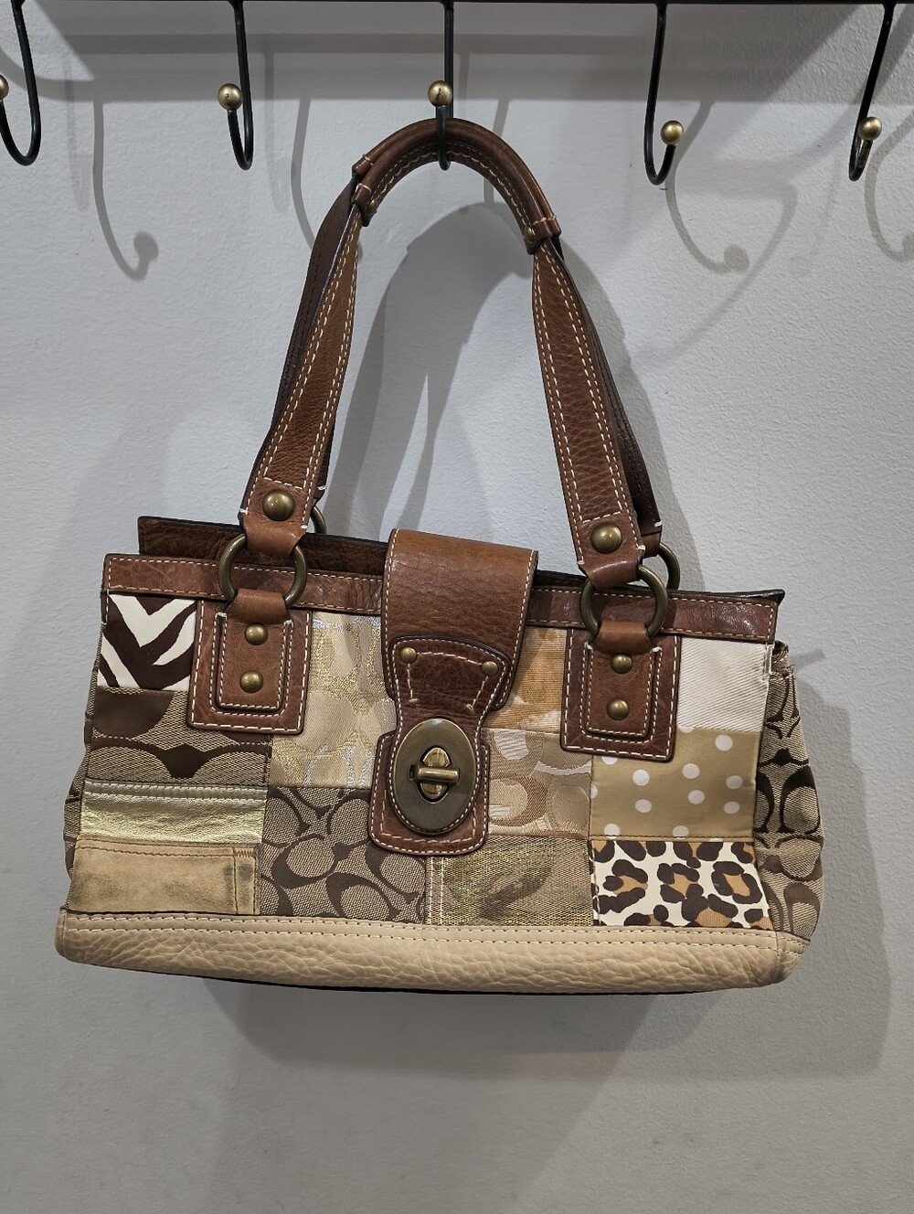 Coach Patchwork Canvas and Leather Shoulder Bag in Brown and Tan